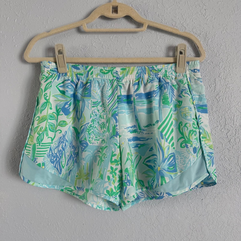 Lilly Pulitzer Luxletic Ocean Trail Shorts Blue Green Tropical Print Size M